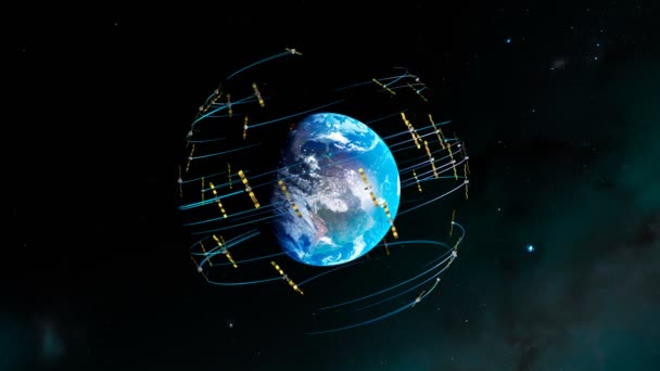 Animation Mit Satelliten Die Die Erde Umkreisen Überwachung Und Kommunikation — Stockvideo