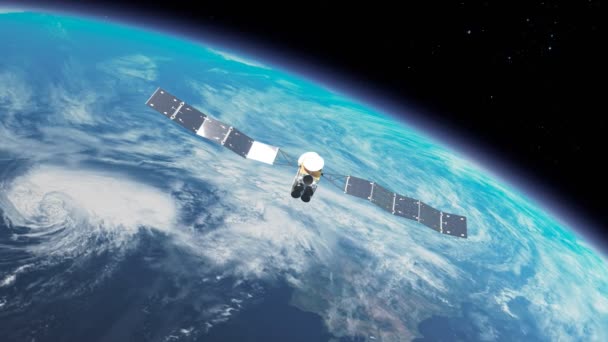 Animacja Satelitą Orbitującym Wokół Ziemi Obserwacja Komunikacja Technologia Wykorzystywana Przesyłania — Wideo stockowe