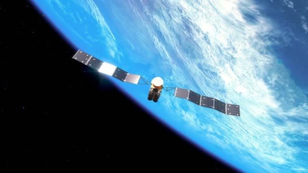 Animacja Satelitą Orbitującym Wokół Ziemi Obserwacja Komunikacja Technologia Wykorzystywana Przesyłania — Wideo stockowe