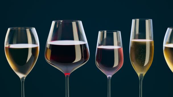 Ein Satz Gläser Gefüllt Mit Verschiedenen Weinsorten Und Sekt Vor — Stockvideo