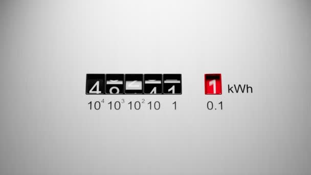電気消費量を測定する電気計のクローズアップビュー Kwhカウンターによるアニメーション 変化する数を表示する電気メーター 電力のコストの上昇の概念 ホーム — ストック動画