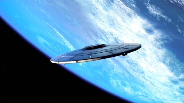 Animație Extrem Detaliată Realistă Farfurie Zburătoare Extraterestră Zboară Peste Planeta — Videoclip de stoc