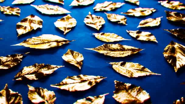 Zestaw Złotych Liści Biżuterii Animacja Różnorodnymi Złotymi Akcesoriami Niebieskim Tle — Wideo stockowe