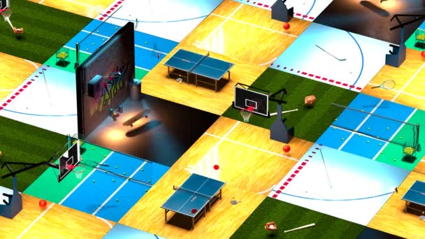 カラフルなスポーツ競技のアニメーション インドアやアウトドアのレジャーアクティビティ テニス バスケットボール ホッケー スケートボードなどの競技 3Dレンダリング — ストック動画