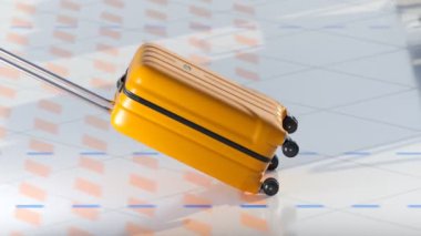 Temiz, beyaz bir havaalanı zemininde parlak sarı bavulu sürükleyen kusursuz bir video. Terminaller arasında aceleyle gitmek. Bagajlar yolculuk için hazır. Boş havaalanına gidiyoruz. Tatiller.