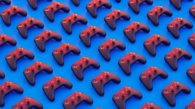 Sayısız oyun kontrolörünün kusursuz döngüsü. Oyun platformları şebeke şeklinde diziliyor. Esports oyuncu geçmişi. Bilgisayar grafiği. Ücretsiz kırmızı ve mavi renkler 4K