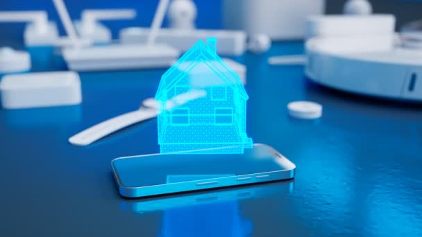 現代的な家を象徴しています スマートフォンの上にある青いバーチャルハウス バックグラウンドのスマートホームデバイス 無線ネットワークの付属品 モダンテクノロジーコミュニケーション家電 — ストック動画