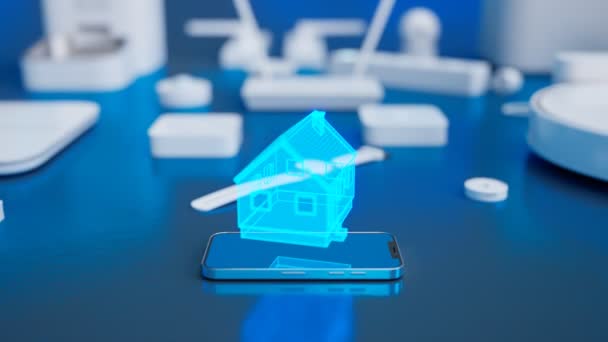 Símbolo Hogar Moderno Casa Virtual Azul Sobre Teléfono Inteligente Dispositivos — Vídeos de Stock