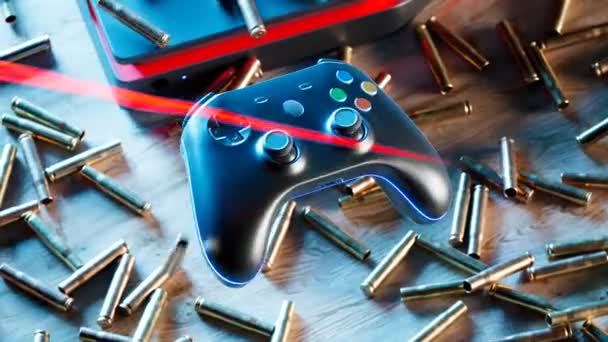 ゲーミングコントローラーは 空の弾丸シェルでいっぱいのテーブルの上に浮かぶ シューティングゲームでのアクション 弾丸が空気を貫通する インタラクティブゲーム体験 楽しさ 遊びの抽象表現 — ストック動画