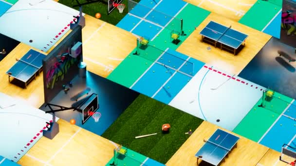 动漫与五彩缤纷的体育竞赛室内和室外的休闲活动 曲棍球 乒乓球和滑板等竞技项目 3D渲染 — 图库视频影像