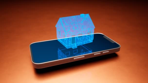 現代的な家を象徴しています オレンジ色の背景にあるスマートフォンの上にある仮想家 スマートホームデバイス 無線ネットワークの付属品 モダンテクノロジーコミュニケーション家電 — ストック動画