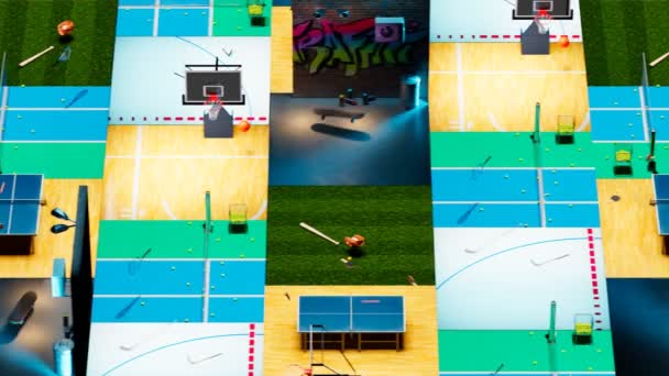 Eine Animation Mit Bunten Sportlichen Wettbewerben Freizeitaktivitäten Innen Und Außenbereich — Stockvideo