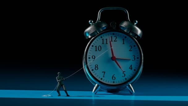 Hombre Negocios Intenta Detener Tiempo Despertador Hombrecito Con Traje Empuja — Vídeos de Stock