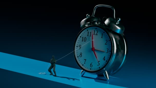 Businessman Tries Stop Time Alarm Clock Little Man Suit Pushes — Stock Video
