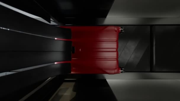 コンベヤーベルトとスキャナー内にある赤いスーツケースのトップビュー スーツケースの表面を通して見るためにX線で空港の手荷物を見る 空港セキュリティチェックポイント分析 — ストック動画