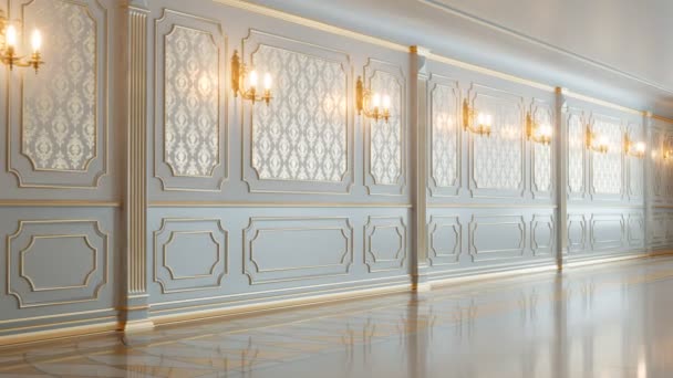 漂亮的白色巴洛克内部与黄金装饰 无缝无缝隙 无尽的循环动画 明亮的古典走廊 新的大理石地板和金墙纸与装饰品 皇家内陆 — 图库视频影像