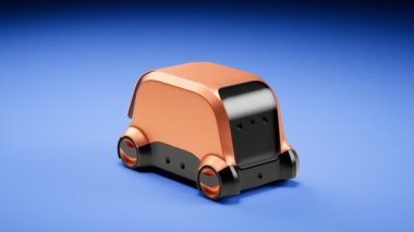 Otomatik çalışan otomatik robot paketleri teslim ediyor. Çevrimiçi alışveriş lojistik taşımacılık geleceği. Mavi arka planda küçük bir araç kutuları boşaltıyor. Ulaşım sektörünün geleceği. Lojistik.