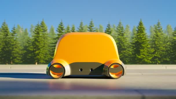 Автономный Робот Обеспечивает Доставку Самоуправляемый Желтый Маленький Автомобиль Перевозит Посылки — стоковое видео