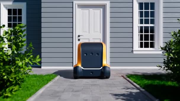 自動運転ロボットは ドアにまっすぐパッケージを提供します オンラインショッピング物流の未来 小さな黄色い車両が家の前に荷を下ろしている — ストック動画