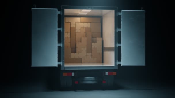 パッケージはパズルゲームのような配送トラックで手配します 郵送物の準備ができた箱の積み重ね 貨物のローディング操作 物流と貨物輸送のコンセプト 配送および配送目的のため — ストック動画