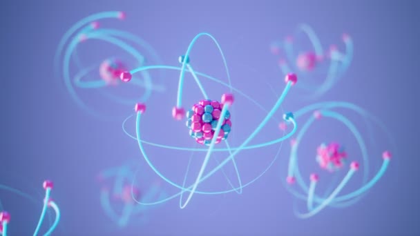 分子構造の抽象的で未来的なアニメーション 光る明るい原子のコンセプトは ほこりの粒子で覆われたパス上に電子が球面しています 教育目的のために最適です 3Dレンダリング 4Kについて — ストック動画