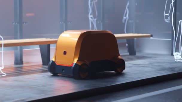 로봇은 서비스를 제공합니다 자율주행 노란색 차량은 보도에 패키지를 운반합니다 원격으로 — 비디오