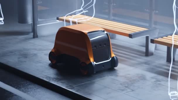 自动投递机器人提供投递服务 这种自动驾驶的黄色小车在人行道上运送包裹 可以远程控制 运输的未来 — 图库视频影像