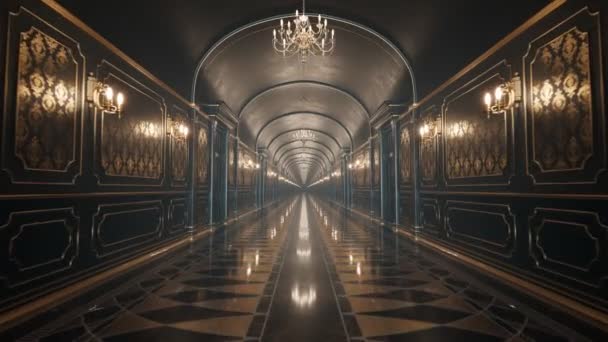 Όμορφο Μαύρο Μπαρόκ Διάδρομο Χρυσή Διακόσμηση Απρόσκοπτη Ατελείωτη Κίνηση Ενός — Αρχείο Βίντεο