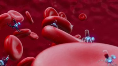 İnsan kan hücrelerini onaran nanobotların gelecekteki konsepti. Mikromakineler kanserle ve genetik mutasyonlarla mücadelede kullanılır. Sağlık ve tıbbi amaçlar için mükemmel. CGI animasyonu. 4K