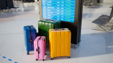 Uçuş bilgi ekranının önünde duran renkli bavullar ve çantalar. Havaalanı terminalinin içindeki büyük televizyon ekranı gerçek zamanlı uçuş bilgilerinin geldiğini veya ayrıldığını gösteriyor..