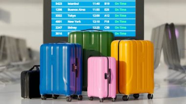 Uçuş bilgi ekranının önünde duran renkli bavullar ve çantalar. Havaalanı terminalinin içindeki büyük televizyon ekranı gerçek zamanlı uçuş bilgilerinin geldiğini veya ayrıldığını gösteriyor..