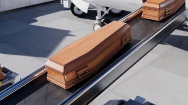 Taşıyıcı banttaki tahta tabutlar doğrudan uçak kompartımanına gidiyor. Ölen insanların cesetleri için ulaşım sistemi. Cenaze, anma töreni özel nakliye. Bordalama.