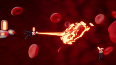 Kan hücrelerini yok eden askeri nanobotların animasyonu. Ölümcül robotlar doğrudan hücrelere lazer ışını yolluyor. Gelişmiş savaş teknolojisi iş başında. Fütürist bir kavram. Redner CGI 4K.