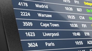 Uçuş bilgi ekran sistemine daha yakından bakın. Elektronik ekran panosu ve gerçek zamanlı bilgi. Havaalanı terminalinin içinde ya da çevresinde yer alan görüntüleme iptal edilmiş uçuşları gösterir.