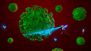 Bakteri ve virüs hücrelerini yok eden askeri nanobotların animasyonu. Robotlar doğrudan patojen hücrelerine lazer ışını yolluyor. Gelişmiş teknoloji iş başında. Fütürist bir kavram. Redner CGI 4K.