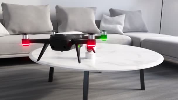 Smart Camera Monitoring Interior Detects Motion Focuses Flying Drone Wireless — Stock Video