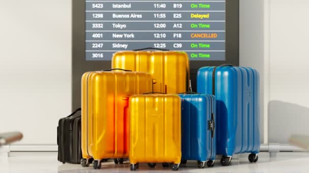 Kleurrijke Koffers Tassen Die Voor Het Vluchtinformatiedisplay Staan Groot Scherm — Stockvideo