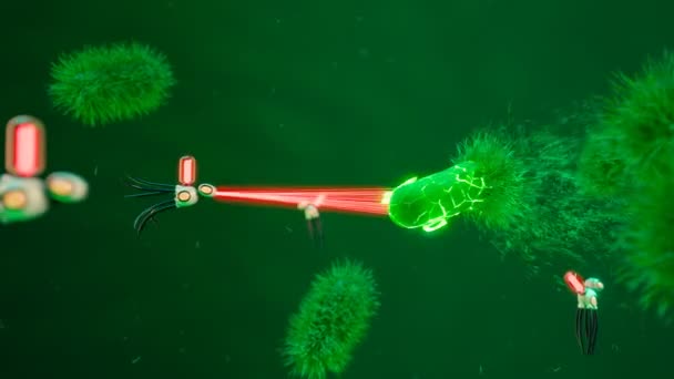 Animáció Militarizált Nanobotokról Amik Elpusztítják Baktériumokat Vírussejteket Robotok Lézersugarat Bocsátanak — Stock videók