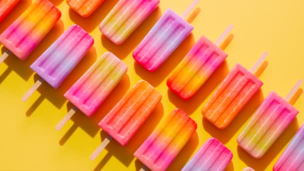 オレンジ色のバックグラウンドで活気のある多色のポップス スティックの冷凍スナックは 暑い日に夏のスナックやリフレッシュに最適です 氷のポップのシームレスなループアニメーション 自家製フルーツの味 — ストック動画