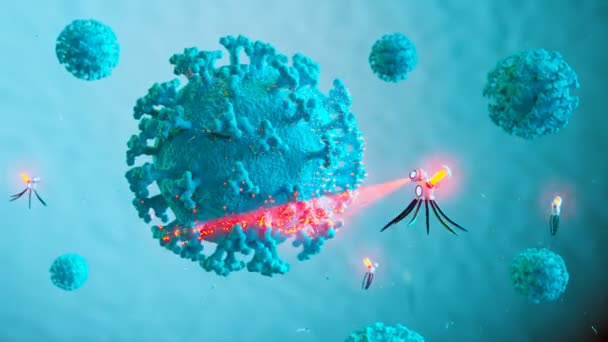 Animation Militarized Nanobots Destroying Bacteria Virus Cells Robots Fire Laser — Stock Video