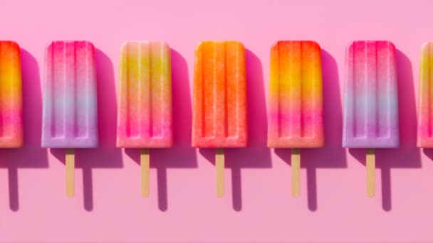 ピンク色のバックグラウンドで活気のある多色のポップス スティックの冷凍スナックは 暑い日に夏のスナックやリフレッシュに最適です 氷のポップのシームレスなループアニメーション 自家製フルーツの味 — ストック動画