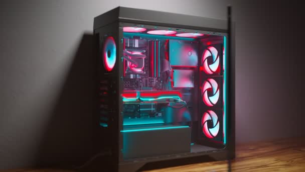 Modern Colourful Liquid Cooled Personal Computer Case Opens Revealing Its — Stock Video