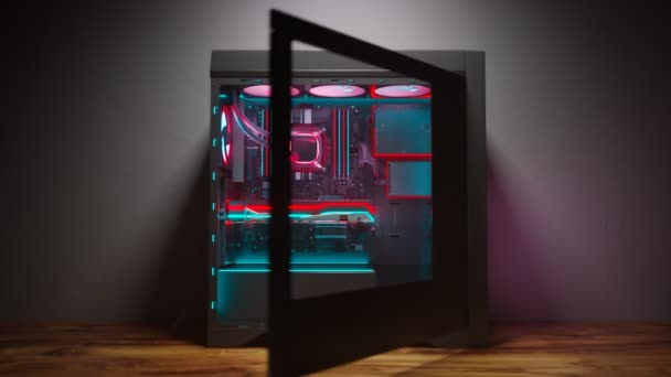 Uma Caixa Computador Pessoal Moderna Colorida Refrigerada Líquido Abre Revelando — Vídeo de Stock