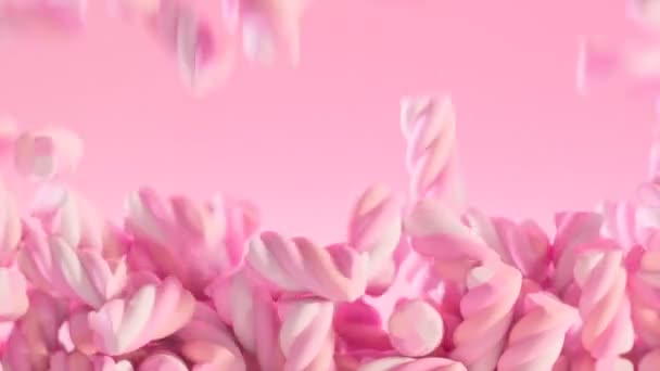 Soft Marshmallows Falling Big Heap Lots Pastel Pink Candy Sugar — Stock Video