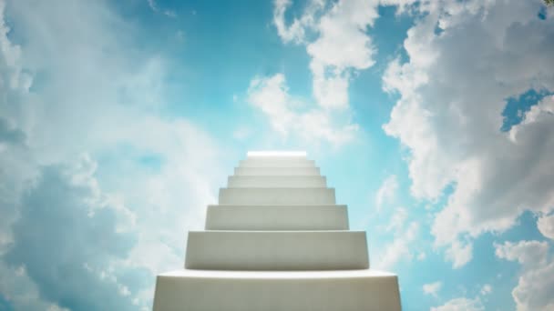 Красивая Простая Лестница Белого Мрамора Небеса Строится Выше Выше Облаках — стоковое видео