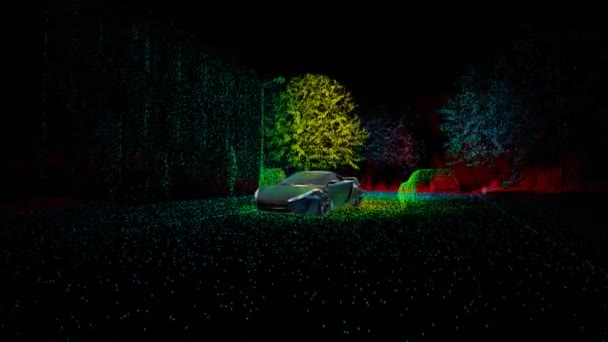 汽车激光雷达跟踪技术的未来主义概念 先进的设备扫描环境 监控系统多色圆点标记该区域并将其转换为数字版本 Cgi渲染4K — 图库视频影像