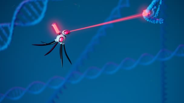 Dnaダブルヘリックスを生み出す先進ナノボットマシンの未来的なコンセプト 遺伝子科学の未来について ヒト細胞に触手が浮かぶミクロボット 人体の分子構造 — ストック動画