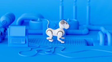 Koşu bandında yürüyen yavru robot köpek animasyonu. Renkli bilgisayar grafiği küçük sevimli bir robot gösteriyor. Modern teknoloji yapay insan en iyi arkadaşını yarattı. Satmadan önce fabrika hatası kontrolü.