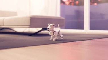 Neşeli robot köpekli çizgi film animasyonu. Oturma odasındaki halıda küçük bir köpek yürüyor. Küçük sevimli evcil hayvana yakın dur. İnsan en iyi arkadaşının dijital versiyonu. Renkli CGI oluşturucu