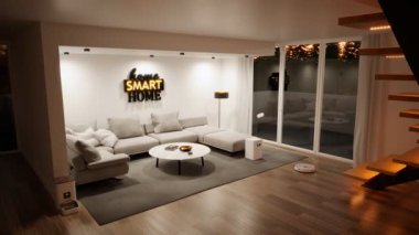 Akıllı ev kavramı. Birçok akıllı aygıta bağlı merkezi HUB canlandırması. Elektrik süpürgesi, kamera ya da evcil hayvan besleyicisi WIFI aracılığıyla akıllı ev sistemi tarafından yönetiliyor. 4K 'yı hazırla. Yeni teknoloji.
